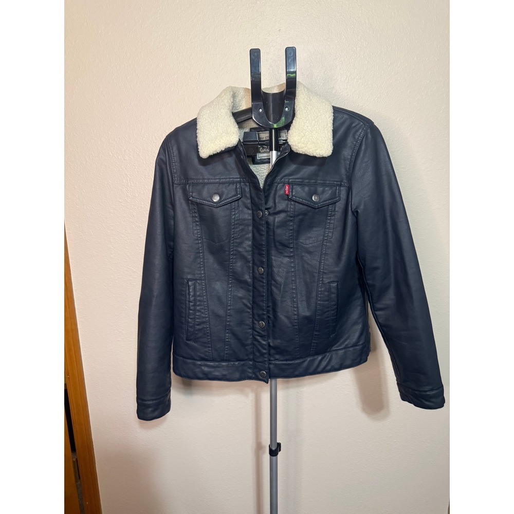 Levis Womens Faux Leather Sherpa Lined Trucker Jacket Navy Blue Large L Sherpa